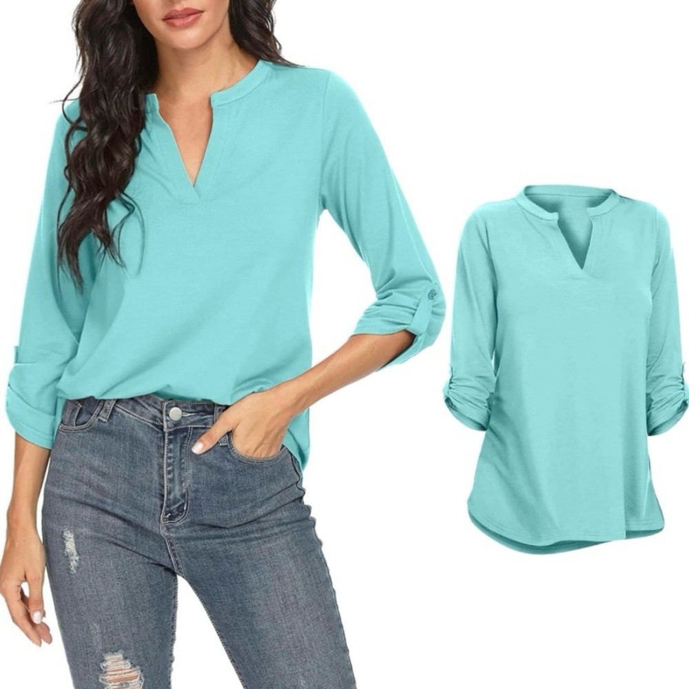 Relaxed V-Neck Roll-Sleeve Blouse in Aqua